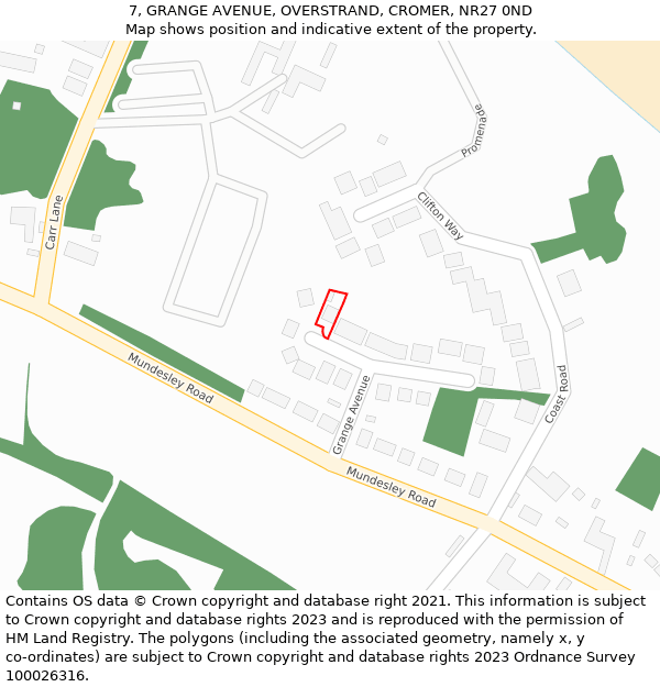 7, GRANGE AVENUE, OVERSTRAND, CROMER, NR27 0ND: Location map and indicative extent of plot