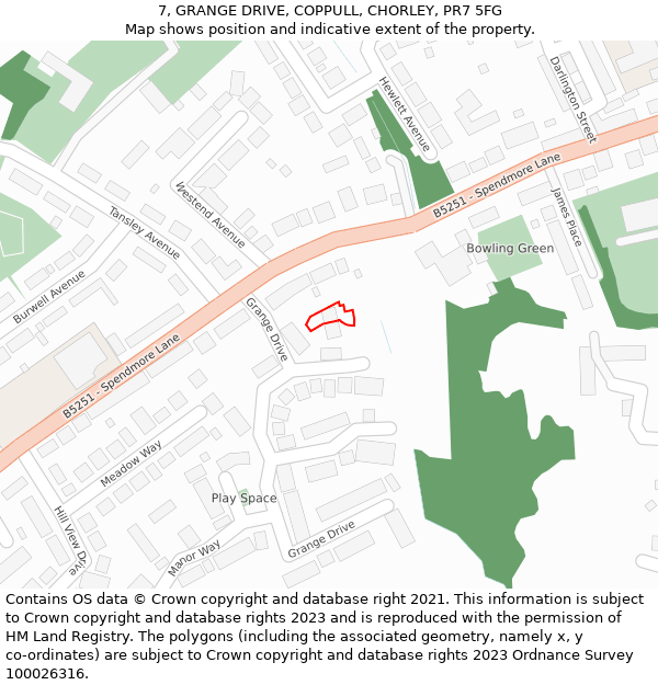 7, GRANGE DRIVE, COPPULL, CHORLEY, PR7 5FG: Location map and indicative extent of plot