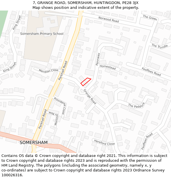 7, GRANGE ROAD, SOMERSHAM, HUNTINGDON, PE28 3JX: Location map and indicative extent of plot