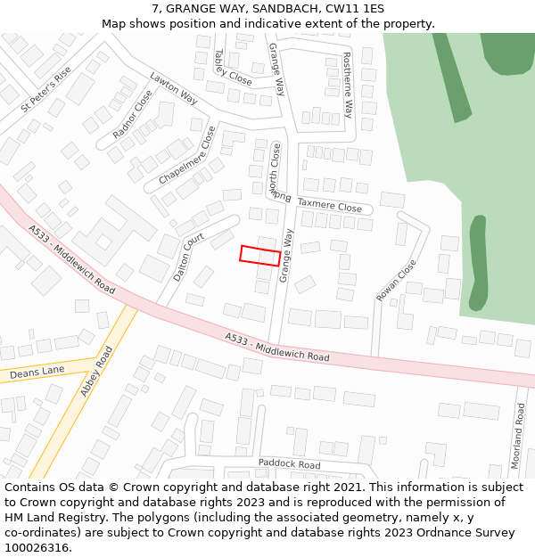 7, GRANGE WAY, SANDBACH, CW11 1ES: Location map and indicative extent of plot