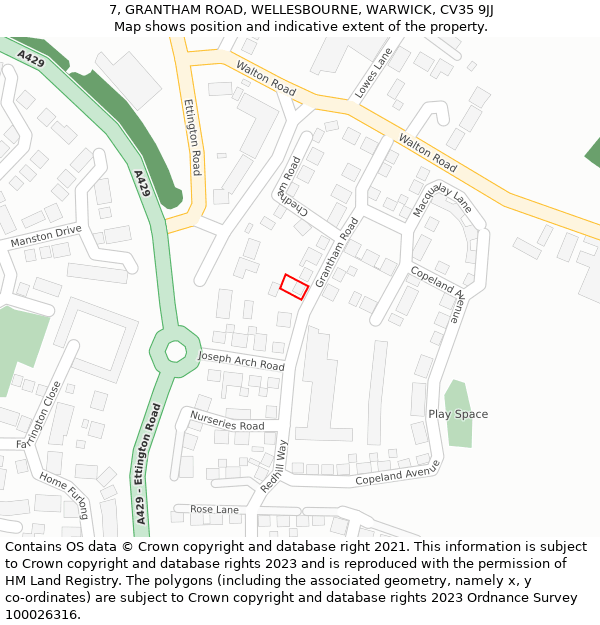 7, GRANTHAM ROAD, WELLESBOURNE, WARWICK, CV35 9JJ: Location map and indicative extent of plot