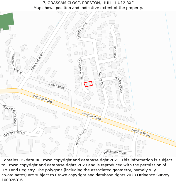 7, GRASSAM CLOSE, PRESTON, HULL, HU12 8XF: Location map and indicative extent of plot