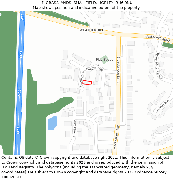 7, GRASSLANDS, SMALLFIELD, HORLEY, RH6 9NU: Location map and indicative extent of plot