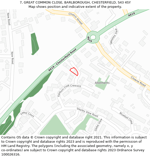 7, GREAT COMMON CLOSE, BARLBOROUGH, CHESTERFIELD, S43 4SY: Location map and indicative extent of plot