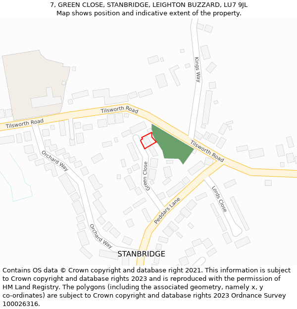 7, GREEN CLOSE, STANBRIDGE, LEIGHTON BUZZARD, LU7 9JL: Location map and indicative extent of plot