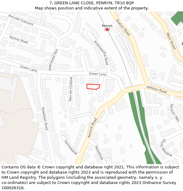 7, GREEN LANE CLOSE, PENRYN, TR10 8QP: Location map and indicative extent of plot