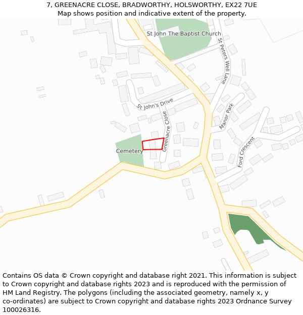 7, GREENACRE CLOSE, BRADWORTHY, HOLSWORTHY, EX22 7UE: Location map and indicative extent of plot