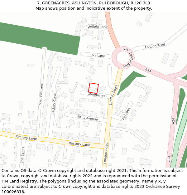 7, GREENACRES, ASHINGTON, PULBOROUGH, RH20 3LR: Location map and indicative extent of plot