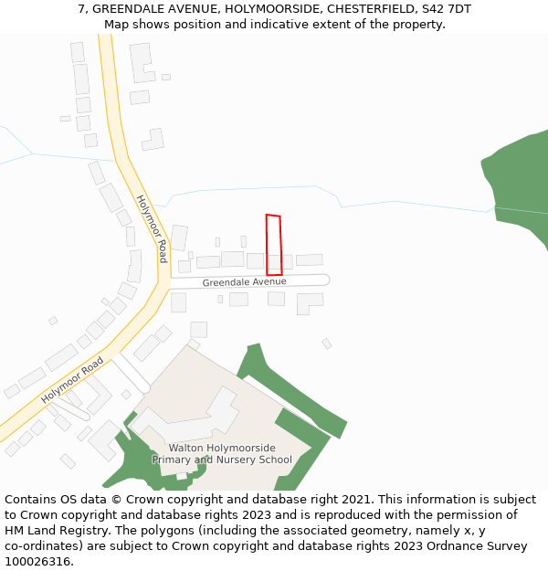 7, GREENDALE AVENUE, HOLYMOORSIDE, CHESTERFIELD, S42 7DT: Location map and indicative extent of plot