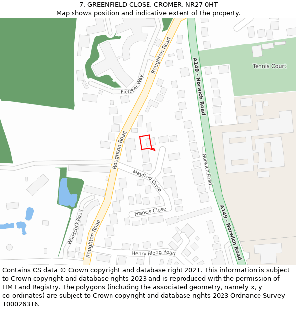 7, GREENFIELD CLOSE, CROMER, NR27 0HT: Location map and indicative extent of plot