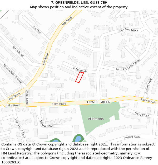 7, GREENFIELDS, LISS, GU33 7EH: Location map and indicative extent of plot