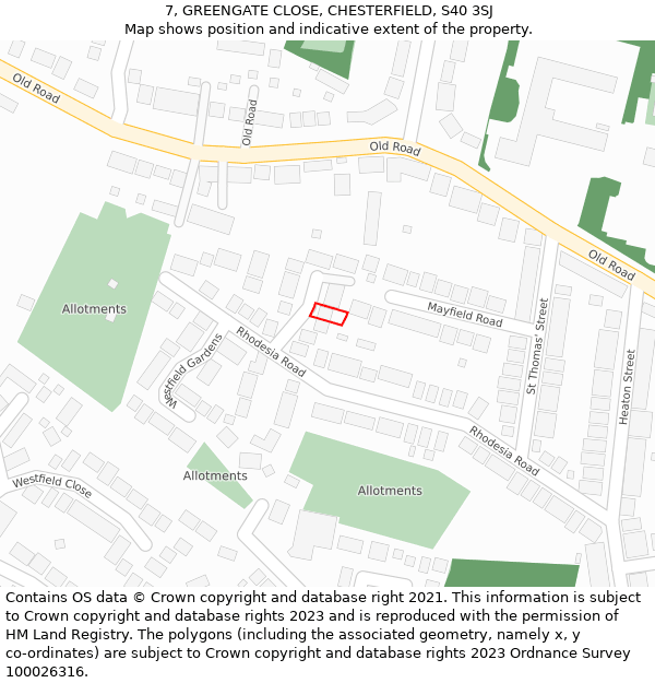 7, GREENGATE CLOSE, CHESTERFIELD, S40 3SJ: Location map and indicative extent of plot