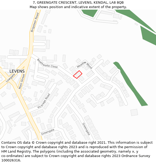 7, GREENGATE CRESCENT, LEVENS, KENDAL, LA8 8QB: Location map and indicative extent of plot