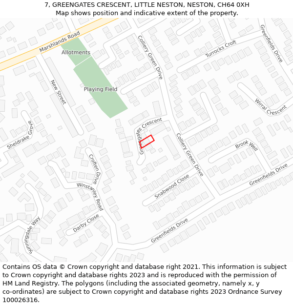 7, GREENGATES CRESCENT, LITTLE NESTON, NESTON, CH64 0XH: Location map and indicative extent of plot