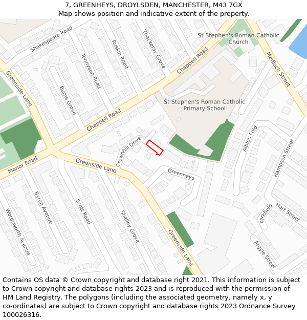 7, GREENHEYS, DROYLSDEN, MANCHESTER, M43 7GX: Location map and indicative extent of plot