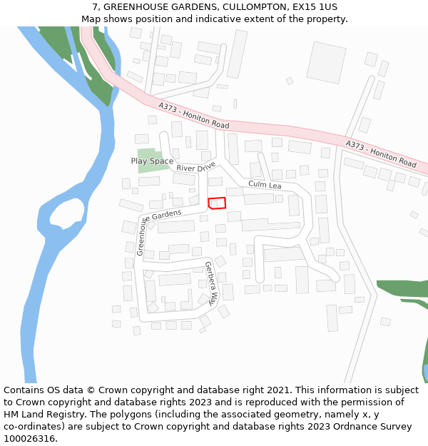 7, GREENHOUSE GARDENS, CULLOMPTON, EX15 1US: Location map and indicative extent of plot