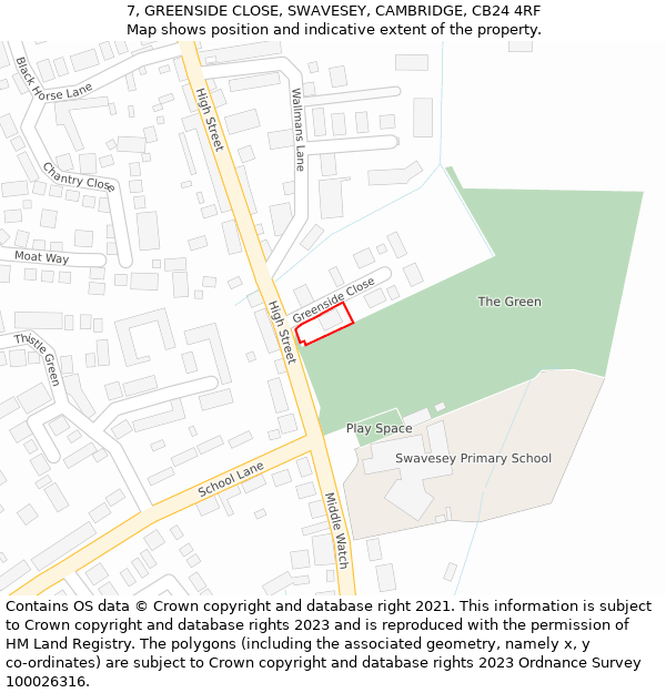 7, GREENSIDE CLOSE, SWAVESEY, CAMBRIDGE, CB24 4RF: Location map and indicative extent of plot