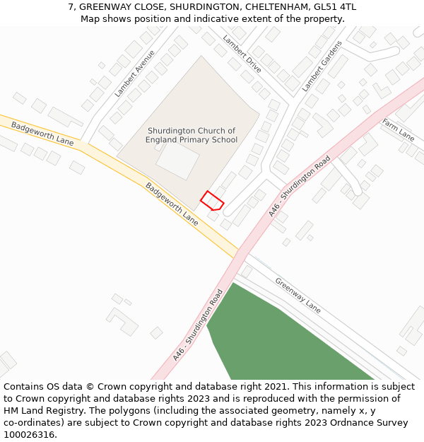 7, GREENWAY CLOSE, SHURDINGTON, CHELTENHAM, GL51 4TL: Location map and indicative extent of plot