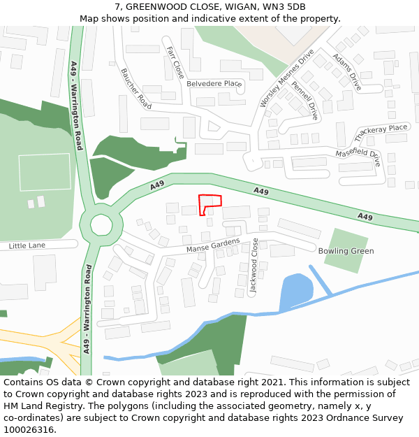 7, GREENWOOD CLOSE, WIGAN, WN3 5DB: Location map and indicative extent of plot