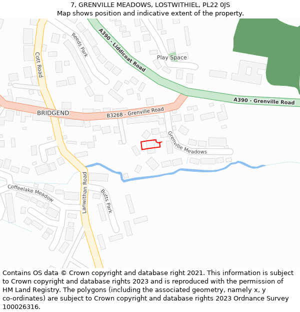 7, GRENVILLE MEADOWS, LOSTWITHIEL, PL22 0JS: Location map and indicative extent of plot