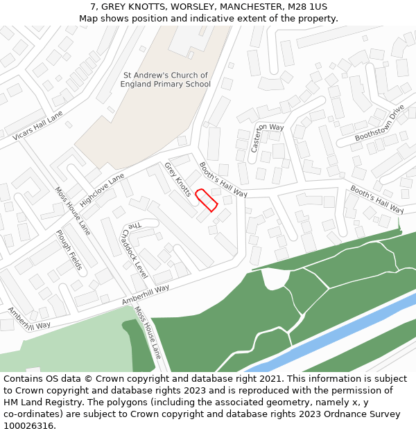 7, GREY KNOTTS, WORSLEY, MANCHESTER, M28 1US: Location map and indicative extent of plot