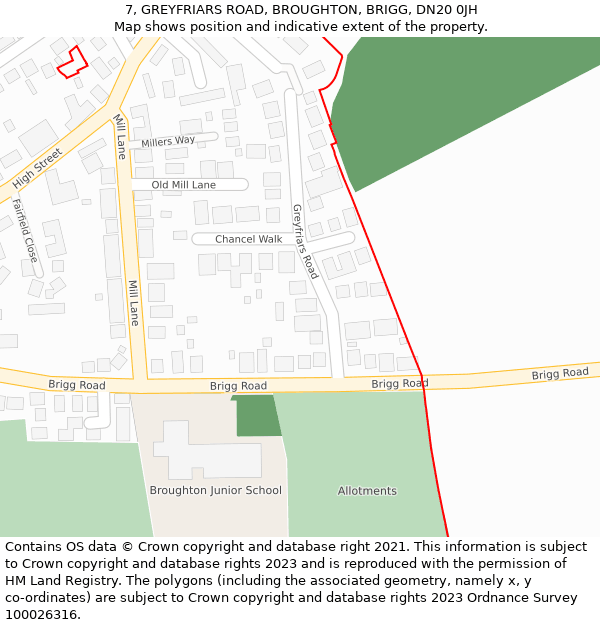7, GREYFRIARS ROAD, BROUGHTON, BRIGG, DN20 0JH: Location map and indicative extent of plot