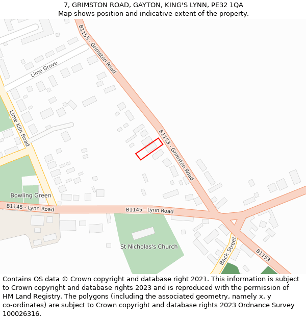 7, GRIMSTON ROAD, GAYTON, KING'S LYNN, PE32 1QA: Location map and indicative extent of plot