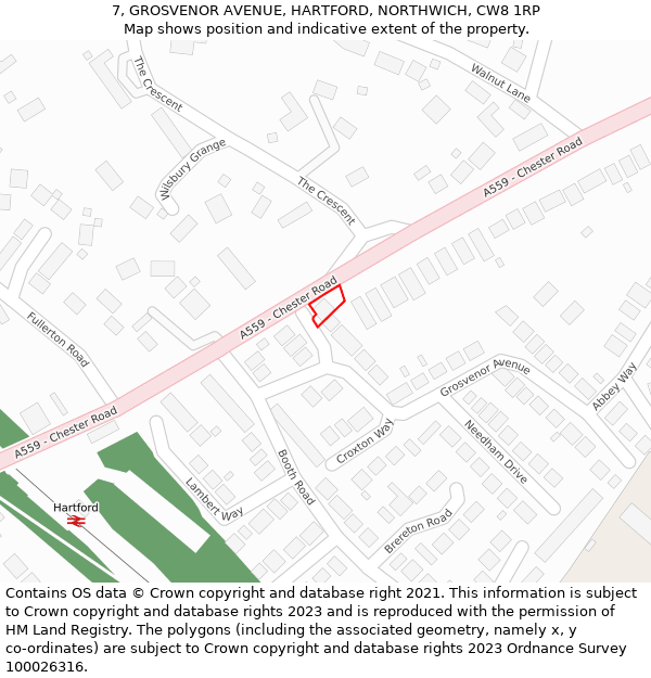 7, GROSVENOR AVENUE, HARTFORD, NORTHWICH, CW8 1RP: Location map and indicative extent of plot