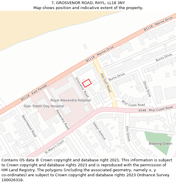 7, GROSVENOR ROAD, RHYL, LL18 3NY: Location map and indicative extent of plot
