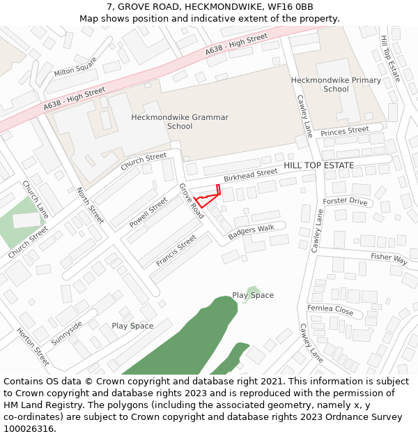 7, GROVE ROAD, HECKMONDWIKE, WF16 0BB: Location map and indicative extent of plot