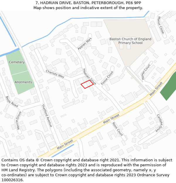 7, HADRIAN DRIVE, BASTON, PETERBOROUGH, PE6 9PP: Location map and indicative extent of plot
