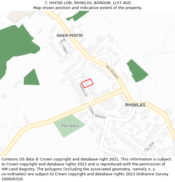 7, HAFOD LON, RHIWLAS, BANGOR, LL57 4GD: Location map and indicative extent of plot