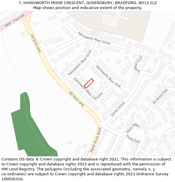 7, HAINSWORTH MOOR CRESCENT, QUEENSBURY, BRADFORD, BD13 2LZ: Location map and indicative extent of plot