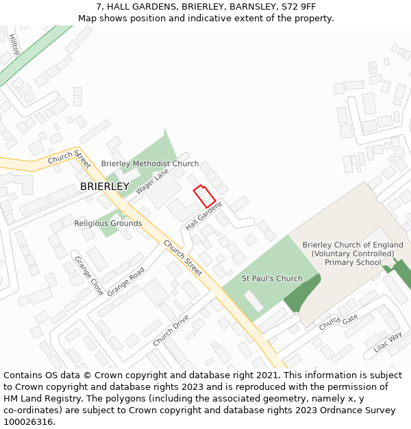 7, HALL GARDENS, BRIERLEY, BARNSLEY, S72 9FF: Location map and indicative extent of plot