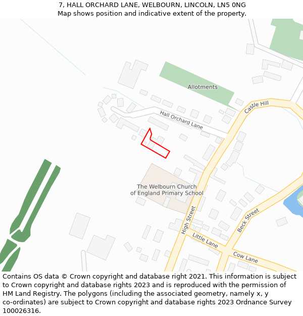 7, HALL ORCHARD LANE, WELBOURN, LINCOLN, LN5 0NG: Location map and indicative extent of plot