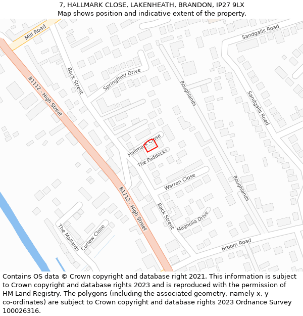 7, HALLMARK CLOSE, LAKENHEATH, BRANDON, IP27 9LX: Location map and indicative extent of plot