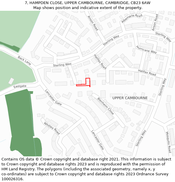 7, HAMPDEN CLOSE, UPPER CAMBOURNE, CAMBRIDGE, CB23 6AW: Location map and indicative extent of plot