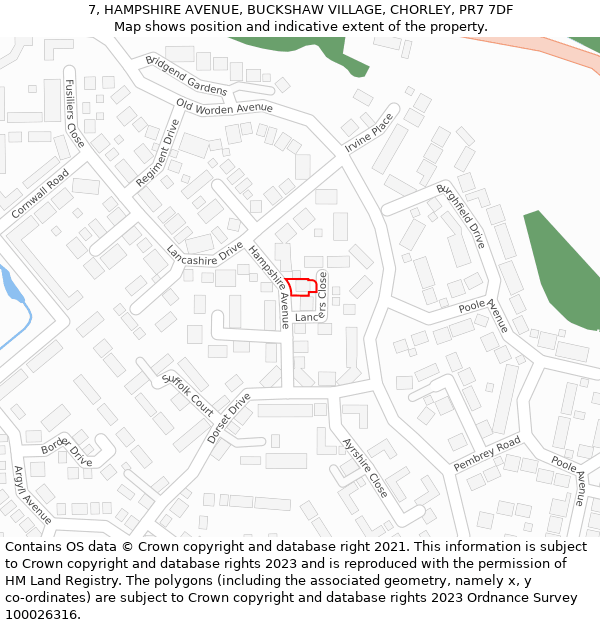 7, HAMPSHIRE AVENUE, BUCKSHAW VILLAGE, CHORLEY, PR7 7DF: Location map and indicative extent of plot