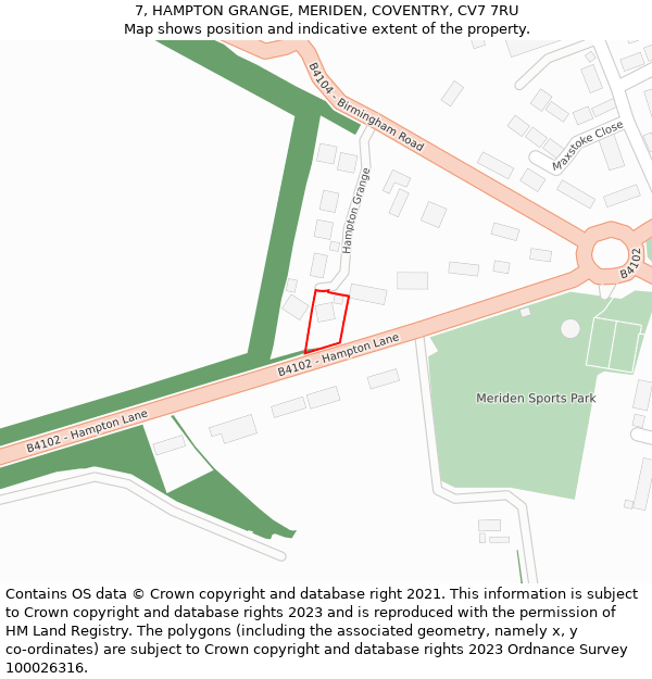 7, HAMPTON GRANGE, MERIDEN, COVENTRY, CV7 7RU: Location map and indicative extent of plot