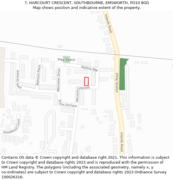 7, HARCOURT CRESCENT, SOUTHBOURNE, EMSWORTH, PO10 8GG: Location map and indicative extent of plot