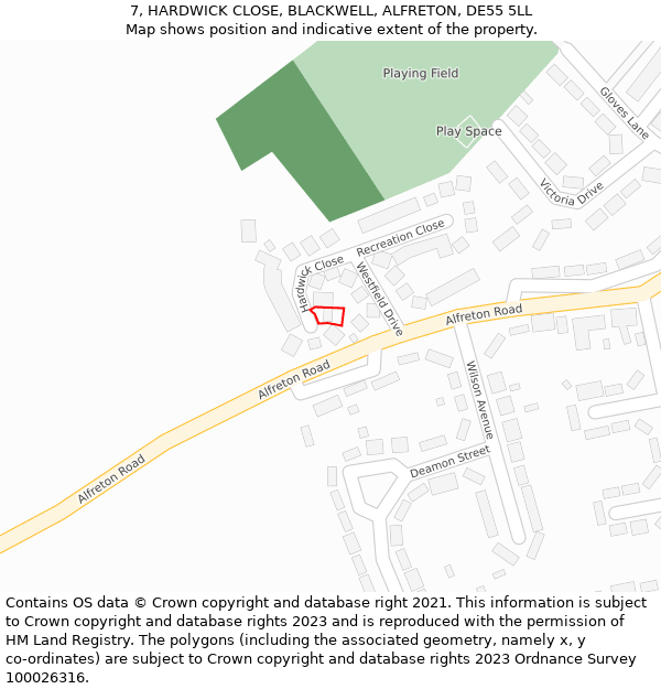 7, HARDWICK CLOSE, BLACKWELL, ALFRETON, DE55 5LL: Location map and indicative extent of plot