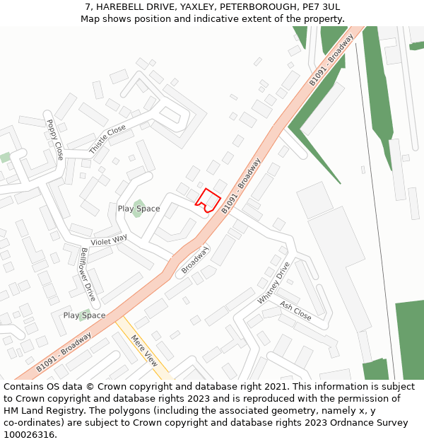 7, HAREBELL DRIVE, YAXLEY, PETERBOROUGH, PE7 3UL: Location map and indicative extent of plot