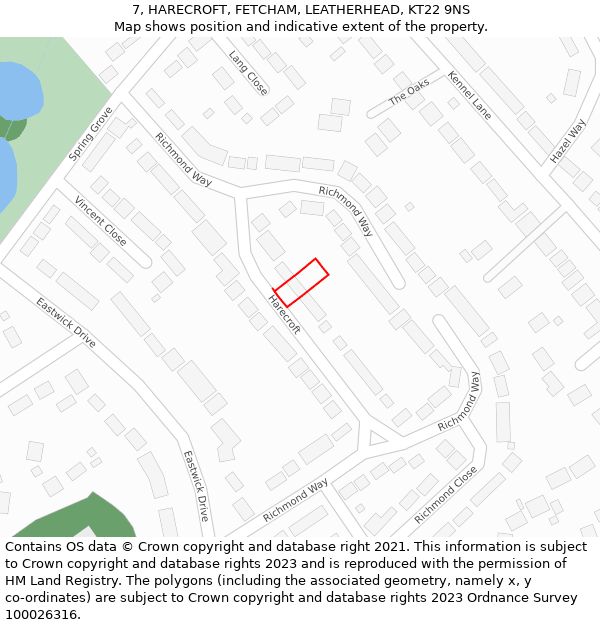 7, HARECROFT, FETCHAM, LEATHERHEAD, KT22 9NS: Location map and indicative extent of plot