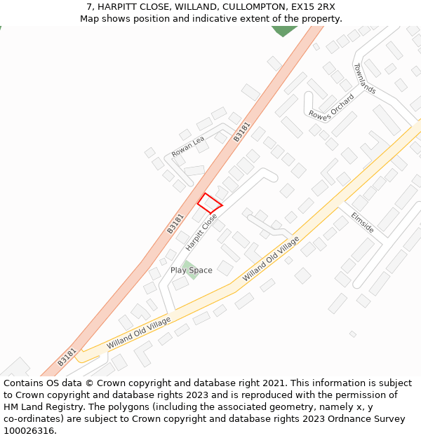 7, HARPITT CLOSE, WILLAND, CULLOMPTON, EX15 2RX: Location map and indicative extent of plot