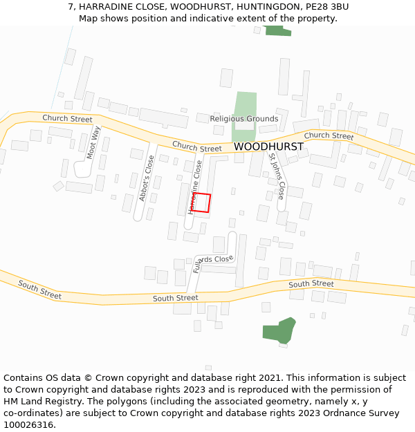 7, HARRADINE CLOSE, WOODHURST, HUNTINGDON, PE28 3BU: Location map and indicative extent of plot