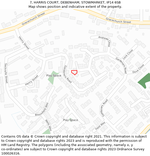 7, HARRIS COURT, DEBENHAM, STOWMARKET, IP14 6SB: Location map and indicative extent of plot