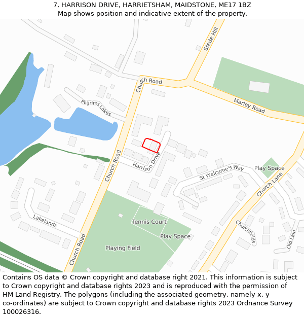 7, HARRISON DRIVE, HARRIETSHAM, MAIDSTONE, ME17 1BZ: Location map and indicative extent of plot