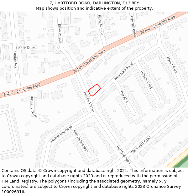 7, HARTFORD ROAD, DARLINGTON, DL3 8EY: Location map and indicative extent of plot
