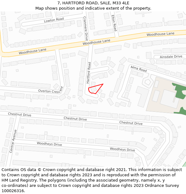 7, HARTFORD ROAD, SALE, M33 4LE: Location map and indicative extent of plot