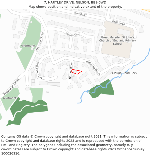 7, HARTLEY DRIVE, NELSON, BB9 0WD: Location map and indicative extent of plot